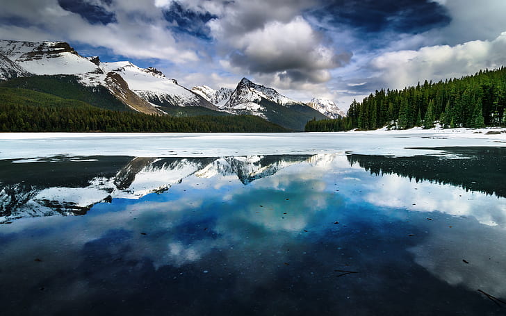 أقات أثناء الشتاء، تساقط الثلج، الجبال، طبيعة، بحيرة، ألبرتا، كندا، بحيرة Maligne، على مقربة من، Jasper، خلفية HD