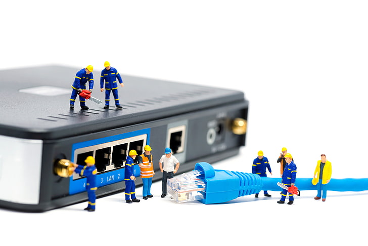 blue RJ45 lan cable, doll, cleaning, miniatures, HD wallpaper
