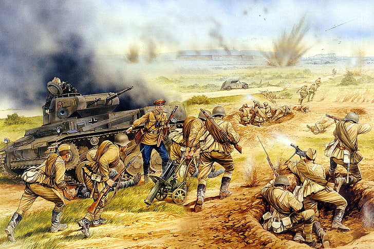 soldiers in middle of war illustration, army, art, Operation, soldiers, WWII, WW2., through, case, tank, 1941., Soviet, 8-I, the Germans, Barbarossa, trying, Jun, break, HD wallpaper