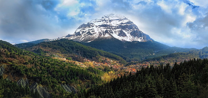 berge, wald, stadt, wolken, schneebedeckte spitze, beschaffenheit, landschaft, griechenland, HD-Hintergrundbild