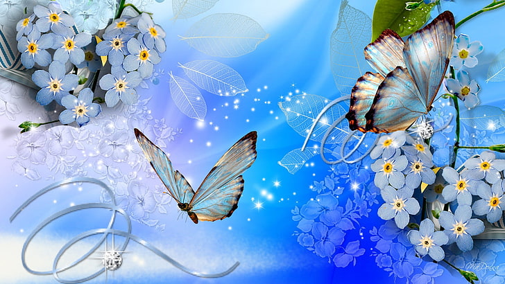farfalle blu Farfalle blu Fiori blu Natura Fiori HD Arte, blu, farfalla, Firefox Persona, farfalle, fiori, diamanti, Sfondo HD