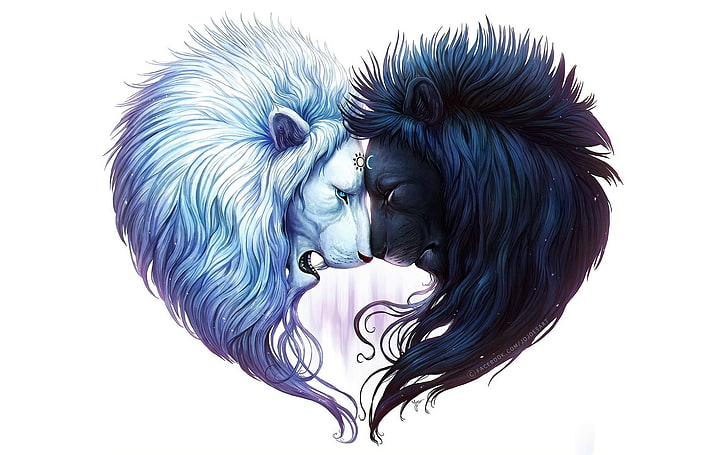 серый и черный обои голова льва, лев, цифровое искусство, простой фон, белый фон, черные волосы, белые волосы, голубой, черный, сердце, HD обои