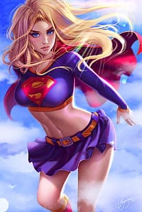 Supergirl, DC Comics, superhjältar, blond, blå ögon, solstrålar, moln, flygande, tittar på tittaren, kostymer, cape, crop top, minikjol, mage, vertikal, konstverk, ritning, illustration, digital konst, fankonst, Prywinko, HD tapet HD wallpaper