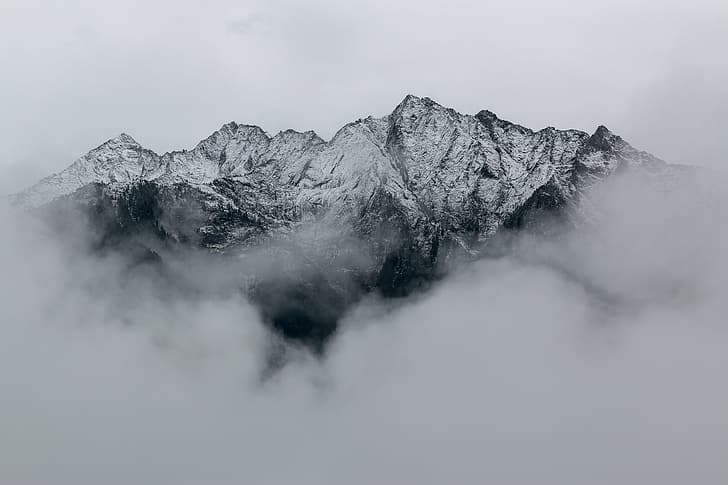 mountains, summit, snow, photography, clouds, HD wallpaper