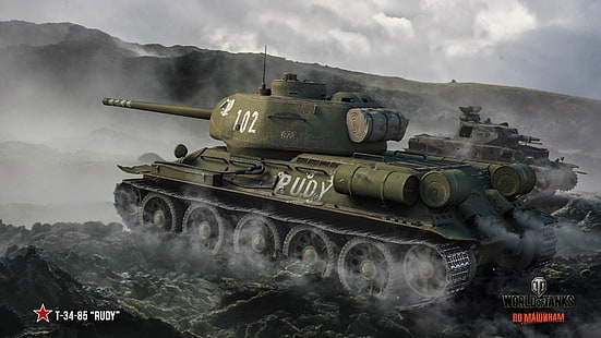 Plakat World of Tanks, dym, czołg, ZSRR, czołgi, WoT, World of Tanks, Wargaming.Net, BigWorld, Т-34-85 Rudy, Tapety HD HD wallpaper