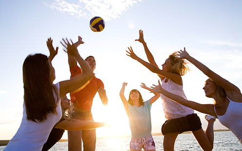donne, beach volley, uomini, spiaggia, gioco, retroilluminazione, Sfondo HD HD wallpaper
