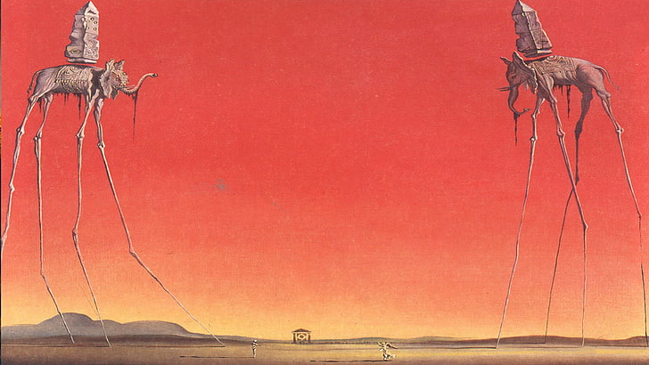 Zwei langbeinige Elefanten malen, surreal, Salvador Dalí, HD-Hintergrundbild