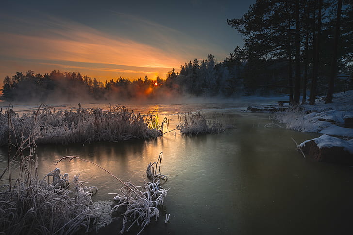 frozen lake at snowy day, Beauty, Winter, frozen lake, snowy day, nikon  d600, nikkor, 35mm, langinkoski, kotka, finland, sunset, ice, evening, WOW, nature, tree, forest, landscape, snow, frost, water, outdoors, scenics, cold - Temperature, lake, reflection, HD wallpaper