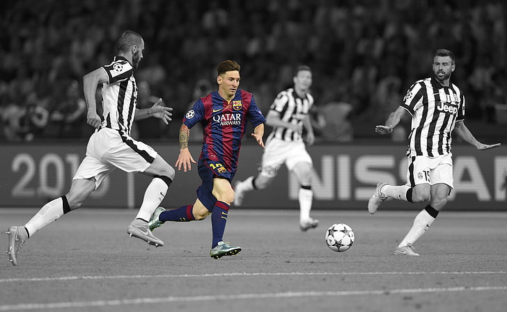 sport, Leo Messi, FC Barcelona, Juventus, selective coloring, Lionel Messi, Andrea Barzagli, Leonardo Bonucci, HD wallpaper