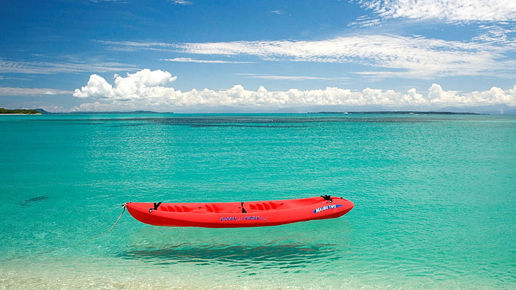 red kayak, boat, sea, HD wallpaper