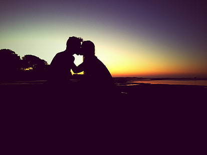 sagoma di coppia baciare pittura, bacio, sagoma, coppia, amore, tramonto, Sfondo HD HD wallpaper