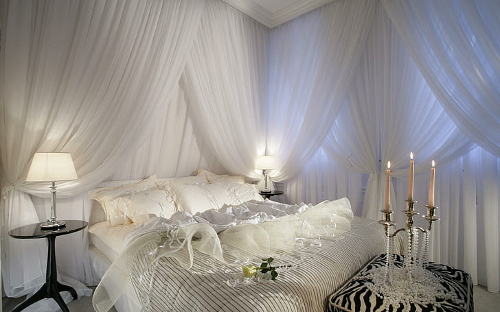 Desain Kamar Tidur, set kamar tidur putih, bagus, cantik, putih, furnitur, lilin, cahaya, kamar tidur, lampu, desain, malam, 3d dan abstrak, Wallpaper HD