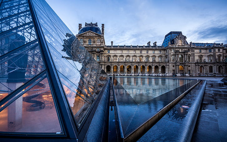 Louvren Louvren Pyramidbyggnader Paris Reflektion HD, byggnader, den, reflektion, arkitektur, paris, pyramid, louvre, HD tapet