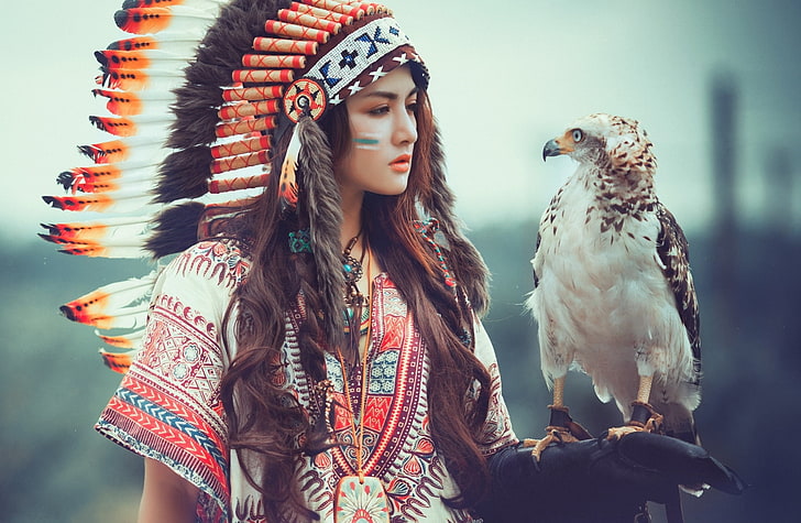Индейская девушка с орлом, женская бело-красная блузка, девушки, HD обои