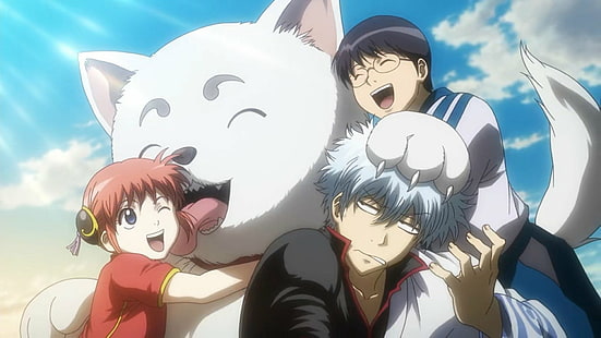 Anime, Gintama, Gintoki Sakata, Kagura (Gintama), Sadaharu (Gintama), Shimura Shinpachi, Tapety HD HD wallpaper