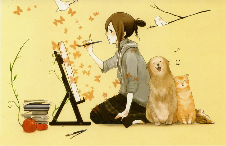 animals, anime, beautiful, birds, cat, collection, dog, girls, original, pixiv, HD wallpaper