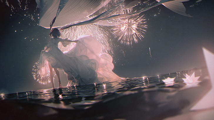 Vocaloid, Hatsune Miku, water, fireworks, wind, night, HD wallpaper