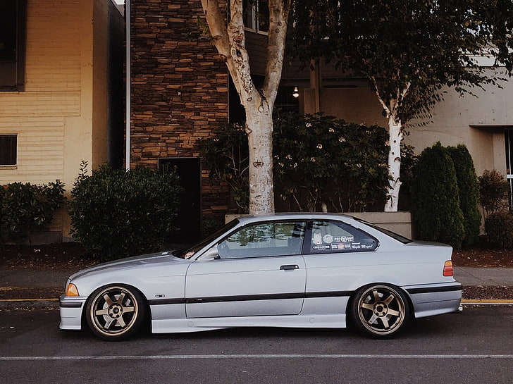 car, BMW E36, Stance, lowered, tuning, trees, Bushes, house, BMW, VOLK RACING, German cars, HD wallpaper