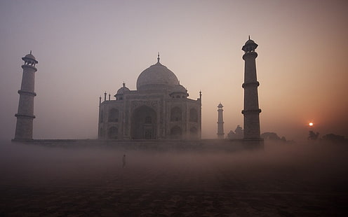 vit kupolbyggnad, landskap, natur, Taj Mahal, dimma, tempel, Indien, tropisk, hinduismen, religion, HD tapet HD wallpaper