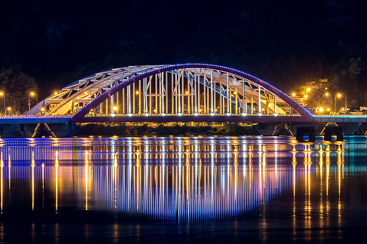niebieskie i żółte światło LED, Korea Południowa, noc, most, Seul, neony, światła, pejzaż miejski, odbicie, Tapety HD