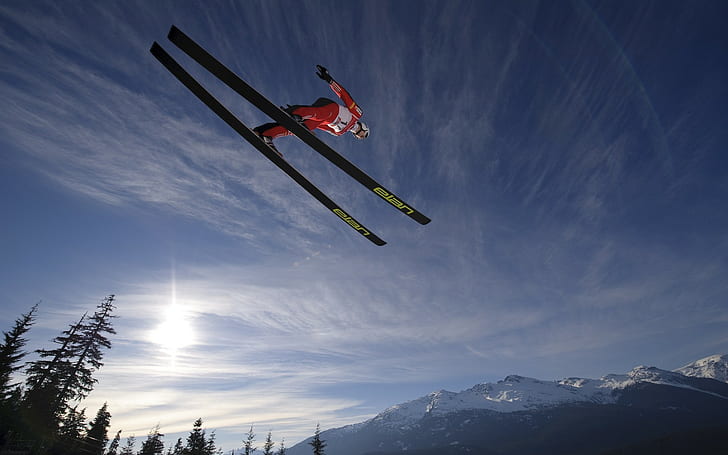 Ski Skiing Jump Stop Action Sunlight HD, man in red overall and black snow skis, sports, sunlight, action, jump, stop, ski, skiing, HD wallpaper