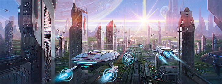 ilustrasi pesawat putih, kota, fiksi, transportasi, planet, gedung pencakar langit, megapolis, seni, dunia masa depan, Wallpaper HD