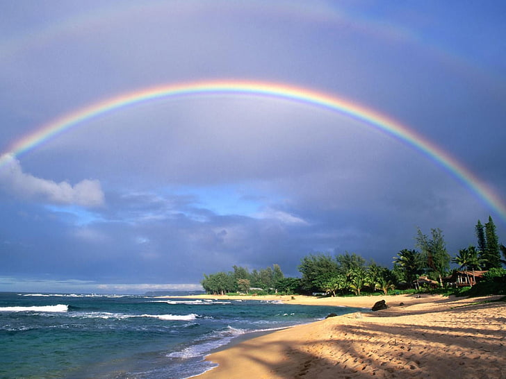 america, best, blue, clipart, coast, double, hawaii, island, kauai, nature, over, rainbow, sea, tropics, HD wallpaper