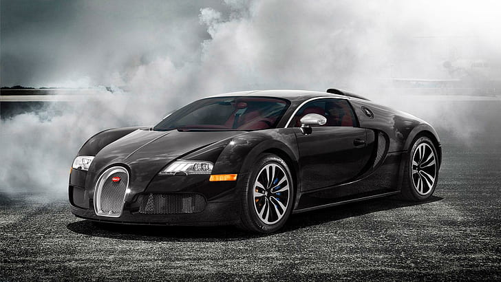 Bugatti Veryon In Smoke, humo, asfalto, negro, autos, Fondo de pantalla HD