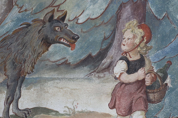 fairy tale, fresco, germany, little red riding hood, painted house, painting, walls, wolf, HD wallpaper