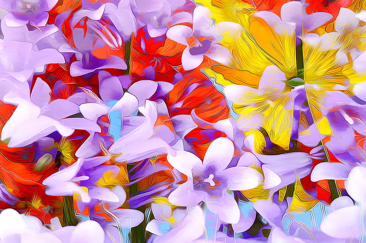 illustration florale pourpre et jaune, fleurs, art, abstraction, rendu, Fond d'écran HD