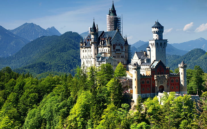 Zamek Neuschwanstein w Niemczech, zamek, Góra, Alpy, Niemcy, Bawaria, Zamek Neuschwanstein, Tapety HD