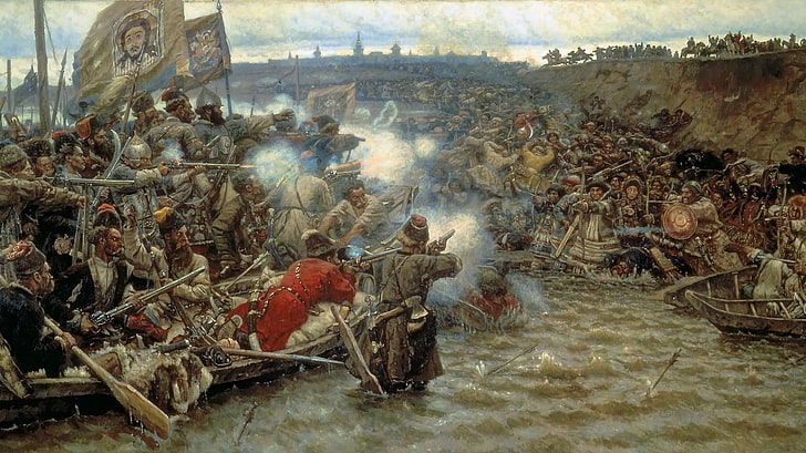 brown and black horse painting, battle, war, Siberia, Russian Army, Vasily Ivanovich Surikov, HD wallpaper