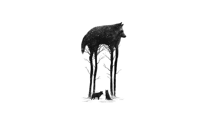 간단한 배경, 흰색 배경, Dan Burgess, 미니멀리즘, 늑대, 삽화, 디지털 아트, 삽화, 흑백, HD 배경 화면