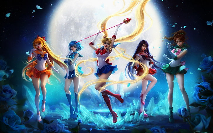 Sailor Moon tapet, Sailor Moon, Sailor Mars, Sailor Mercury, Sailor Jupiter, Sailor Venus, HD tapet