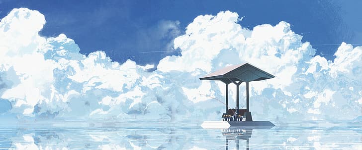 sky, clouds, fishing, anime girls, anime, water, 4K, ultrawide, HD wallpaper