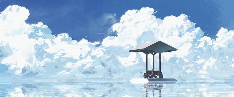 Himmel, Wolken, Angeln, Anime Girls, Anime, Wasser, 4K, ultrawide, HD-Hintergrundbild HD wallpaper
