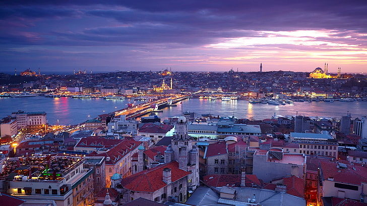 白と赤のコンクリートの建物、イスタンブール、トルコ、都市、都市の景観、橋、モスク、川、アヤソフィア、ブルーモスク、スルタンアーメドモスク、ガラタ橋、イェニCamii、 HDデスクトップの壁紙