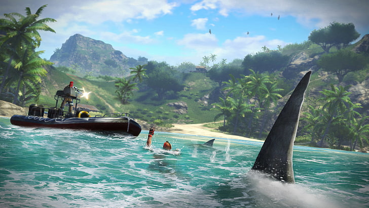 game scene, sea, mountains, blood, knife, shooter, Far cry 3, HD wallpaper