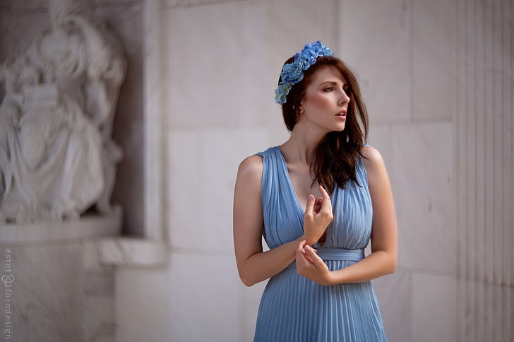 Trid Estet, 500px, langes Haar, Kleid, Rotschopf, blaues Kleid, Frauen, HD-Hintergrundbild