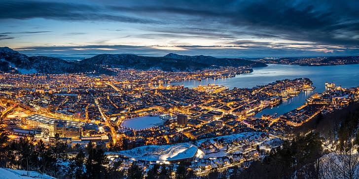 zima, Norwegia, panorama, miasto nocą, Bergen, góry, zatoka Vågen, Tapety HD