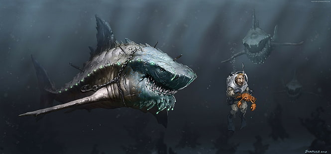 art, Megalodon, shark, HD wallpaper HD wallpaper