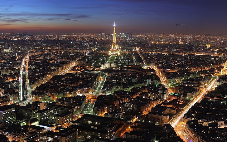 Айфелова кула, Париж през нощта, Париж, градски пейзаж, нощ, светлини, HD тапет