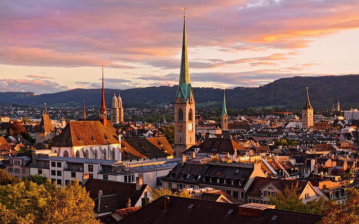 cidade, céu, nuvens, montanhas, pôr do sol, Zurique, Suíça, HD papel de parede