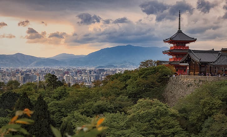 landscape, mountains, nature, the city, Japan, temple, pagoda, Kyoto, Kiyomizu-Dera, HD wallpaper