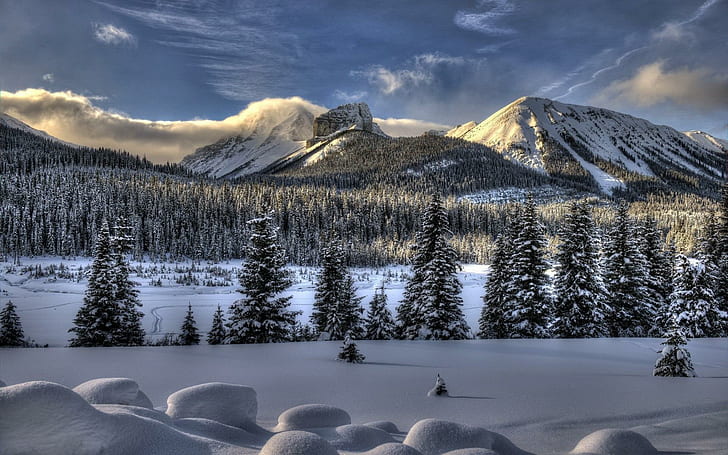 Amazing Winter Lscape Hdr, forest, winter, clouds, mountains, nature and landscapes, HD wallpaper
