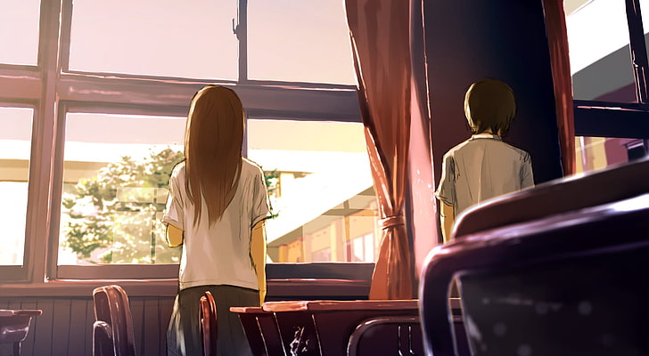 weiblich und männlich im Klassenzimmer Anime Charakter Illustration, Klassenzimmer, Studenten, Anime, originelle Charaktere, HD-Hintergrundbild