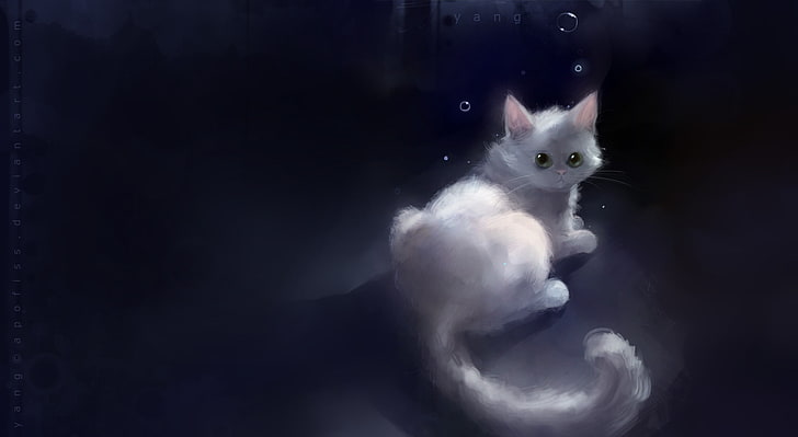 Yang kedisi, kısa saçlı beyaz kedi, sanatsal, fantezi, güzel, yavru kedi, beyaz, yang, sanat, pisi, hayvan, boyama, şirin, kedi boyama, beyaz kedi, HD masaüstü duvar kağıdı