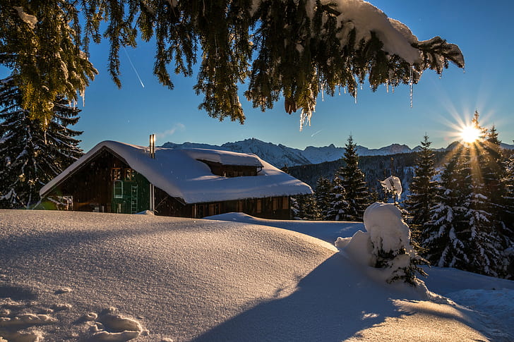 brown house covered in snow surrounded by pine trees during day time, brown house, pine trees, day, time, Winter, Allgäu, Obermaiselstein, Bayern, Deutschland, DE, Canon  EOS  70D, sunrise, cold, frozen, snow  mountains, tree  hut, snow, mountain, nature, outdoors, tree, house, cold - Temperature, landscape, sky, blue, HD wallpaper