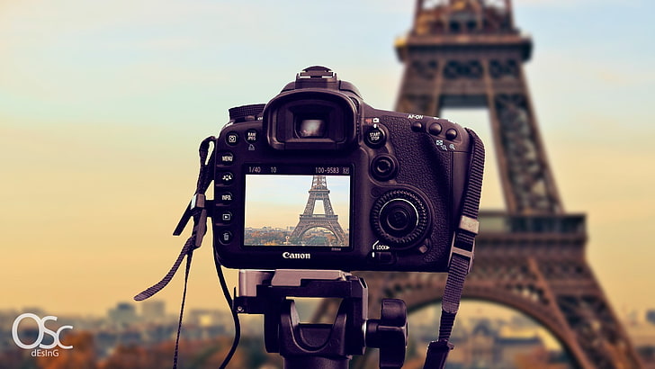 hitam kamera DSLR Canon, Menara Eiffel, Canon, kamera, Wallpaper HD