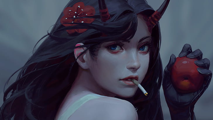 Fantasy, Demon, Apple, Cigarette, Girl, Horns, Smoking, HD wallpaper
